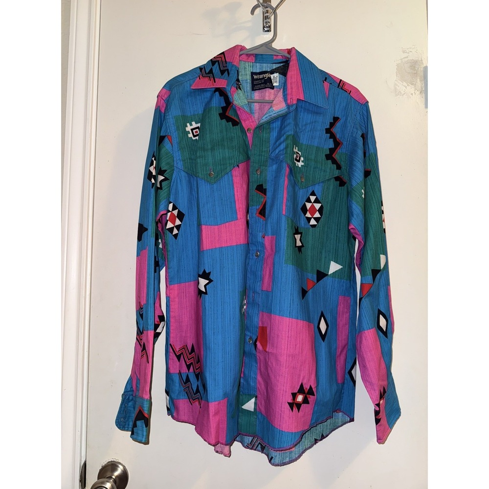 WRANGLER Cowboy Cut Regular Fit X-Long Tails Rodeo Aztec Men's Vtg Size L, 16-35